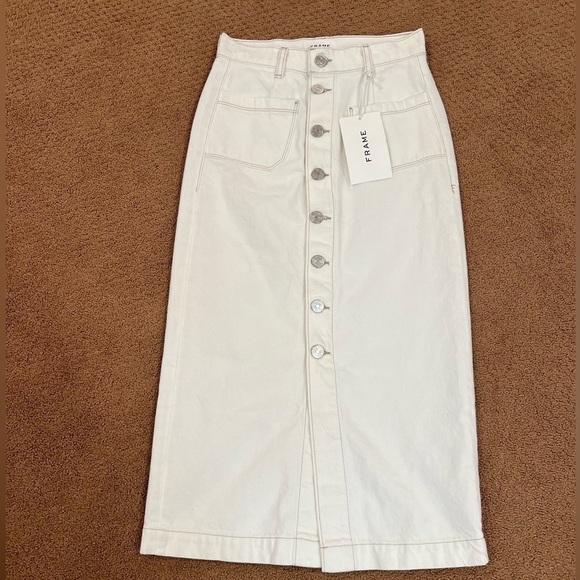 FRAME Le Bardot Midi Skirt W/ Button Front Closure Ecru Denim Size 23 Resortwear - Picture 9 of 12